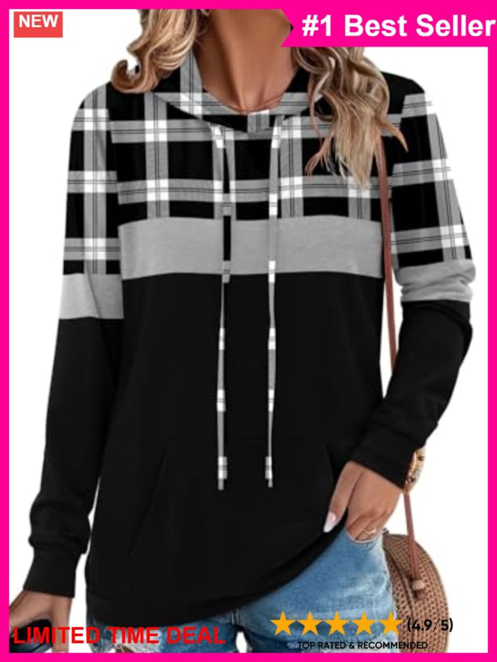 Women's Long Sleeve Hooded Sweatshirt Pullover Plaid Patchwork Kangaroo Pocket